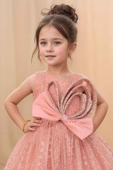 Peach Gown With Bow Embellished And Shimmer Printed For Girls