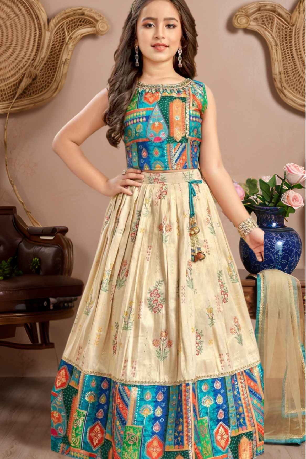 Multicolor Banarasi Silk Pattu Pavadai With Stone Work For Girls