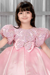 Pink Puff Sleeves With Sequins Work Tailback Frock For Girls