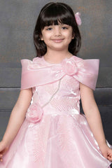 Designer Pink Satin Sequin And Floral Embellished Gown For Girls