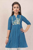 Blue Kurta Set with Embroidered Yoke & White Printed Pants For Girls