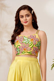 Yellow Embroidered Floral Crop Top with Flowing Palazzo For Girls