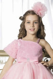 Pink Sequins Work With Bow Embellished Party Wear Tailback Frock For Girls