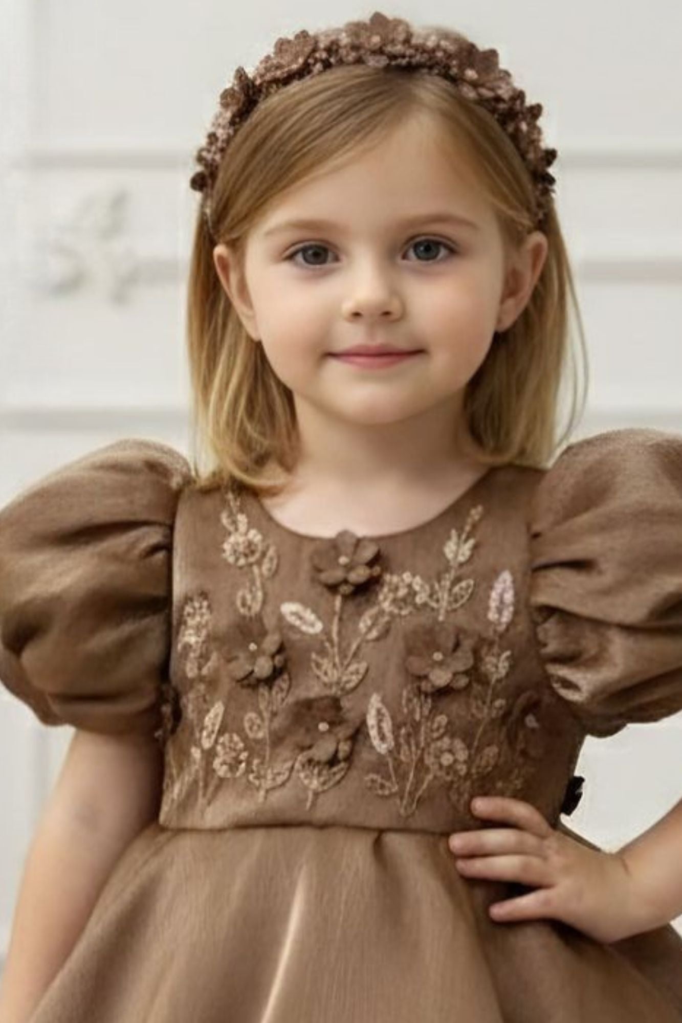 Brown Embroidered Puff Sleeve Party Frock For Girls