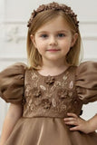 Brown Embroidered Puff Sleeve Party Frock For Girls