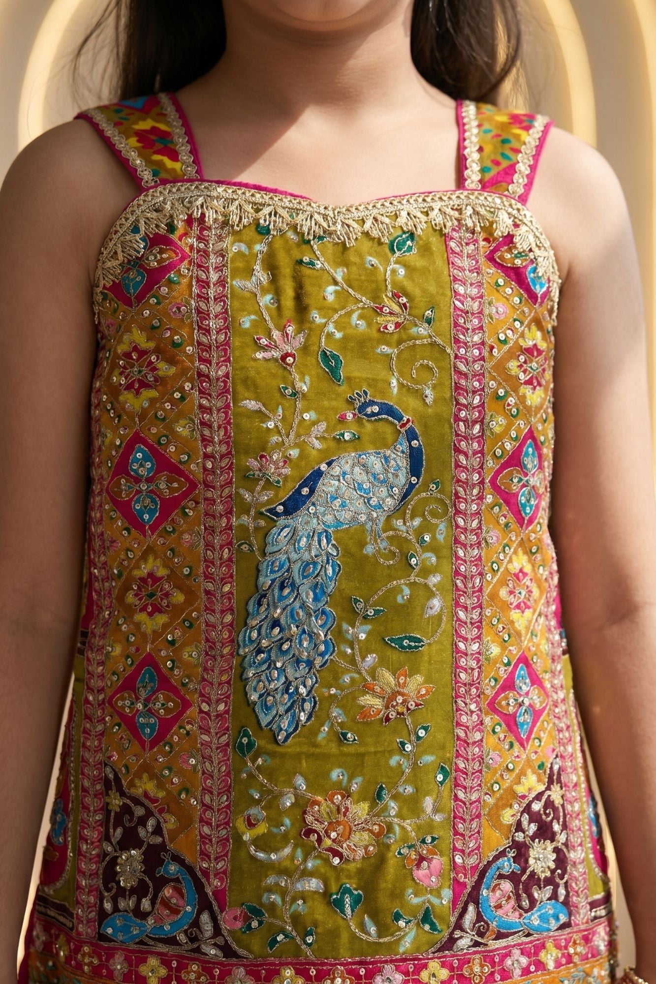 Girls Rani Pink Festive Peacock Embroidered Kurti with Flared Sharara Pants
