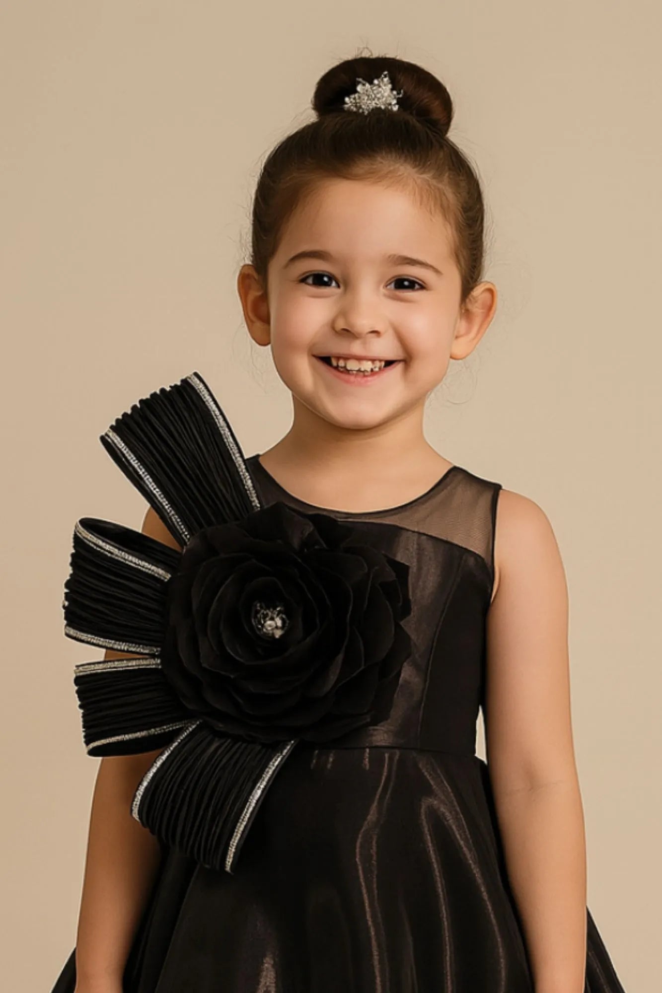 Black Layered Party Gown with Oversized Floral Appliqué For Girls