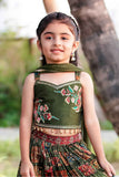 Girls Olive Green Embroidered Lehenga Choli Set with Traditional Print Skirt