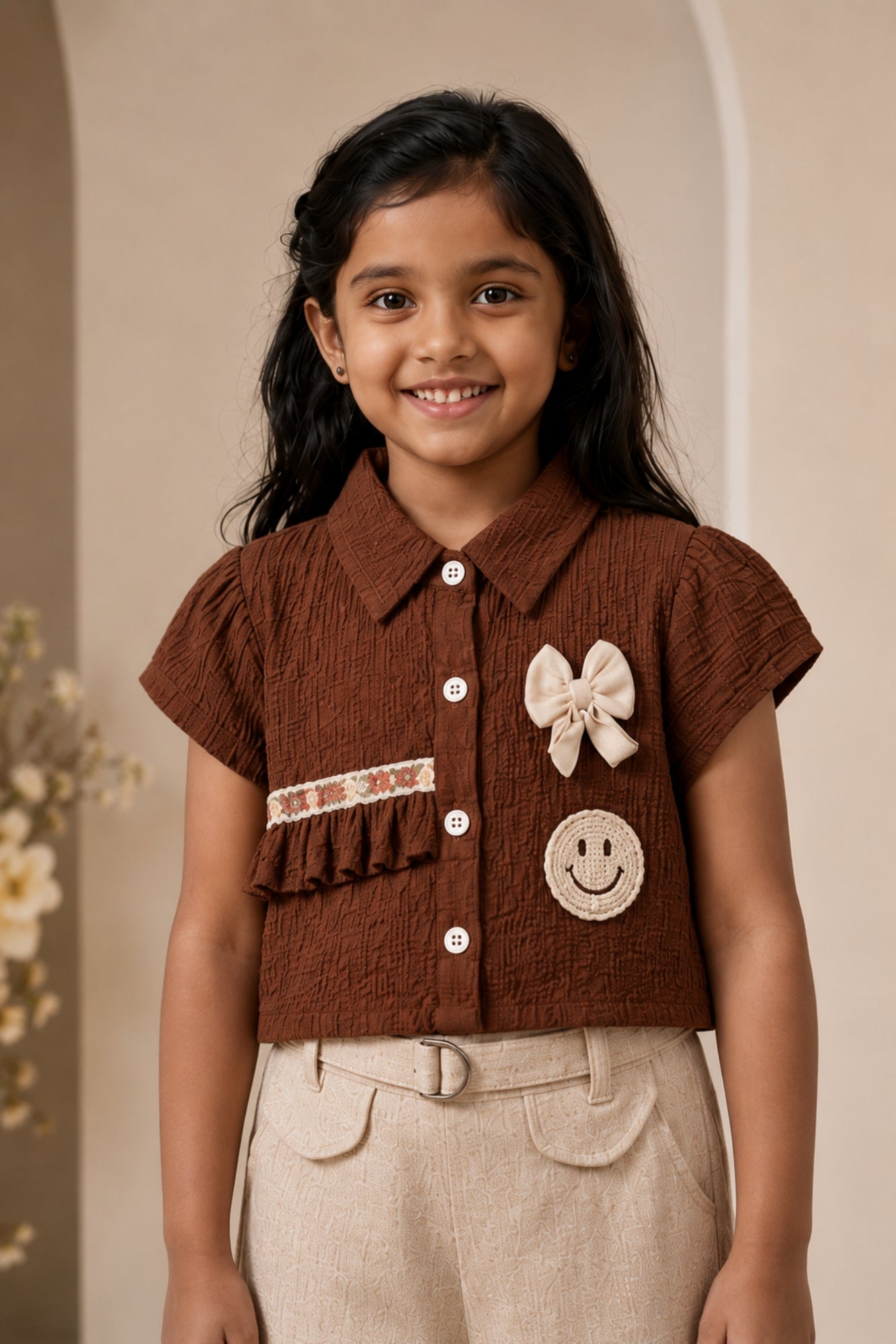 Brown Applique Top with Beige Wide Leg Pants Set