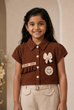 Brown Applique Top with Beige Wide Leg Pants Set