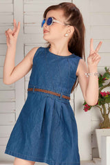 Fancy Denim Dress With Waist Belt For Girls