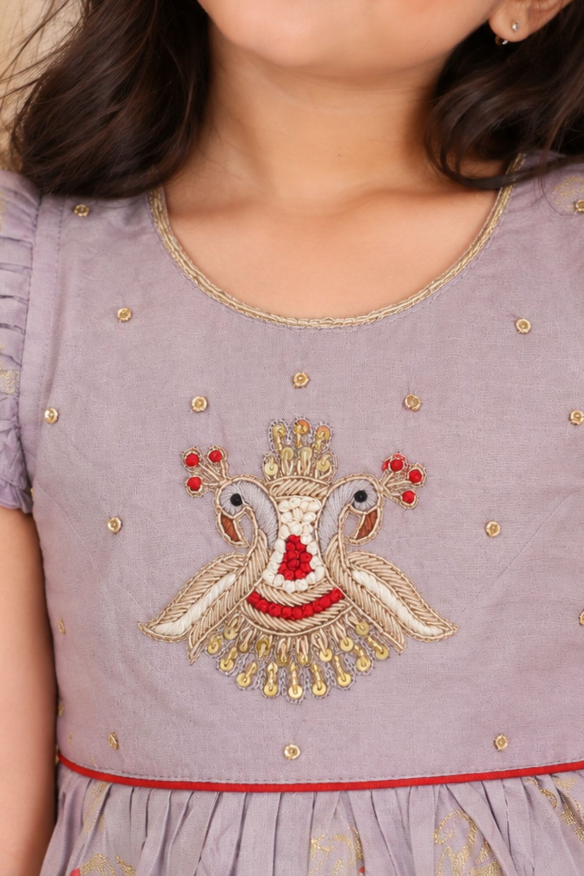 Girls Lilac Swan Embroidered Ruffle Sleeve Flared Dress