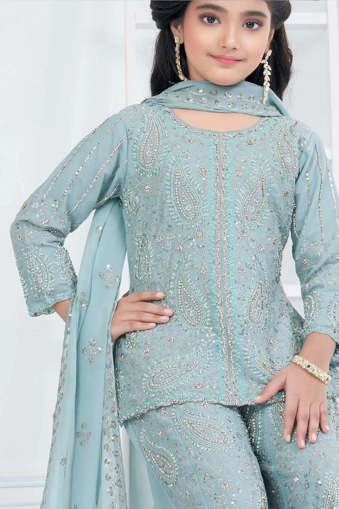 Aqua Blue Embroidered Palazzo Set for Girls