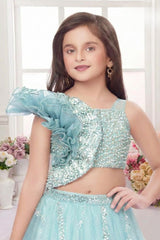 Ice Blue Sequin Lehenga Choli With Ruffle For Girls