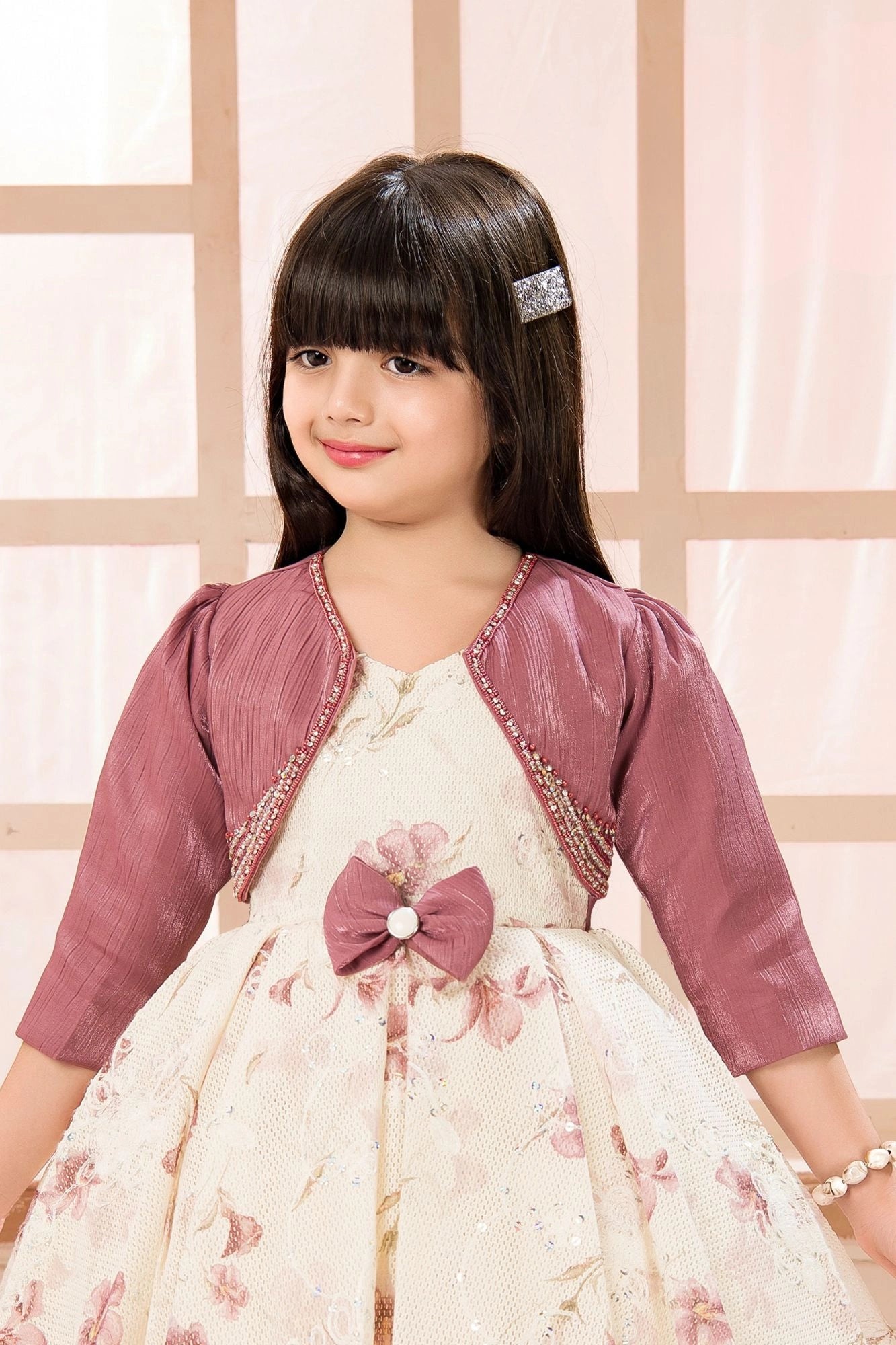Elegant Cream Floral Printed Embellished Frock with Onion Pink Jacket For Girls