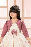 Elegant Cream Floral Printed Embellished Frock with Onion Pink Jacket For Girls