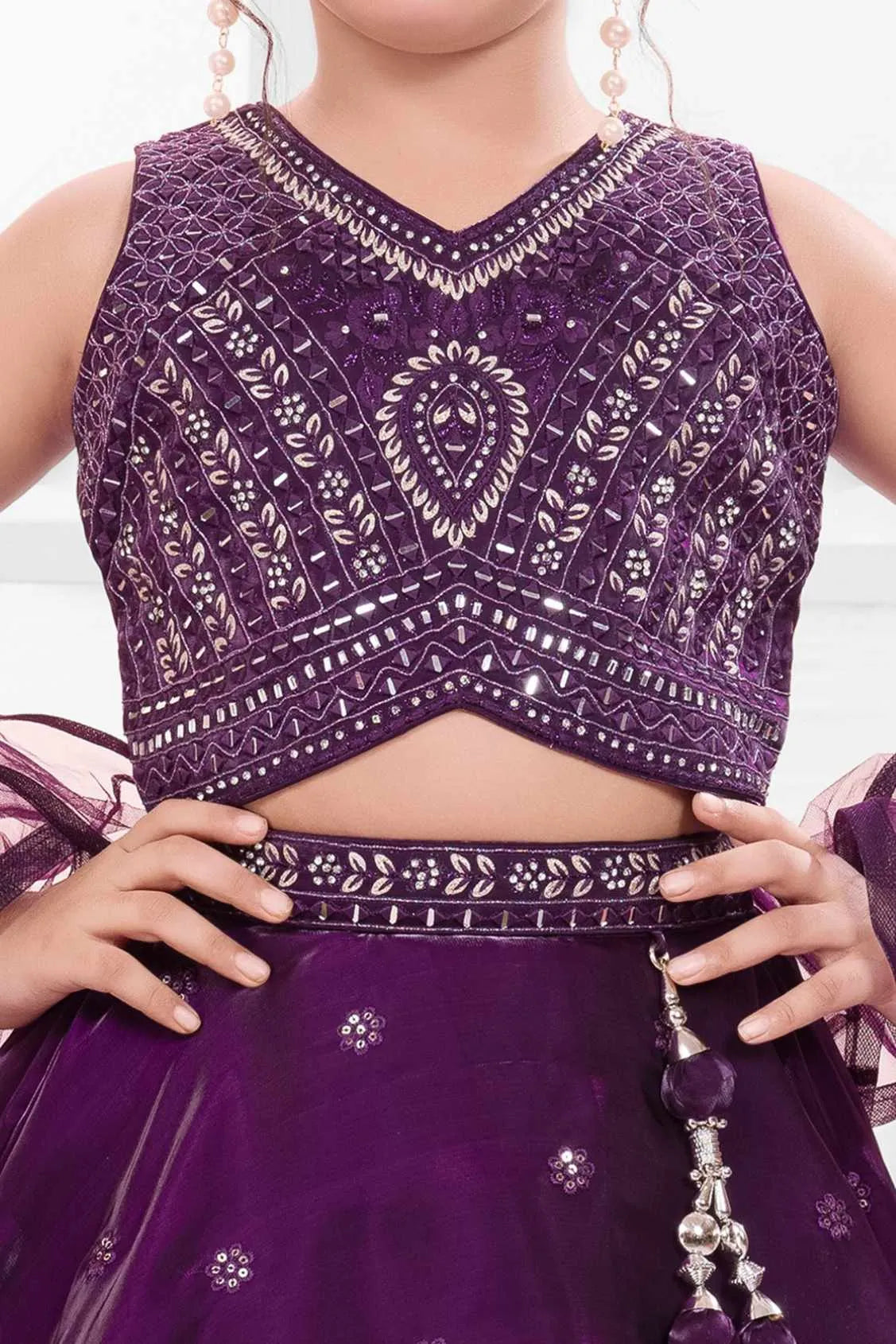 Deep Purple Embroidered Lehenga Choli Set for Girls