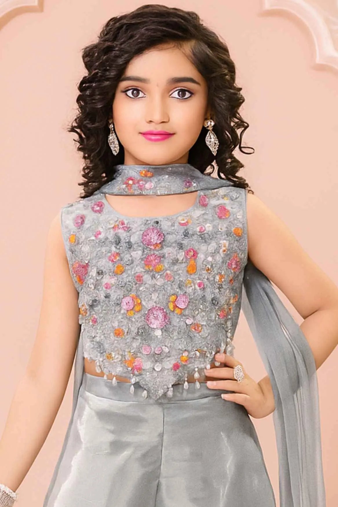 Grey Palazzo Set with Multicolor Embroidered Top and Dupatta