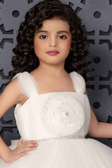 White Party Wear Frock With Floral Embellished For Girls