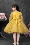 Mustard Yellow Sequins Embellished Party Wear Frock with Bow Detail For Girls