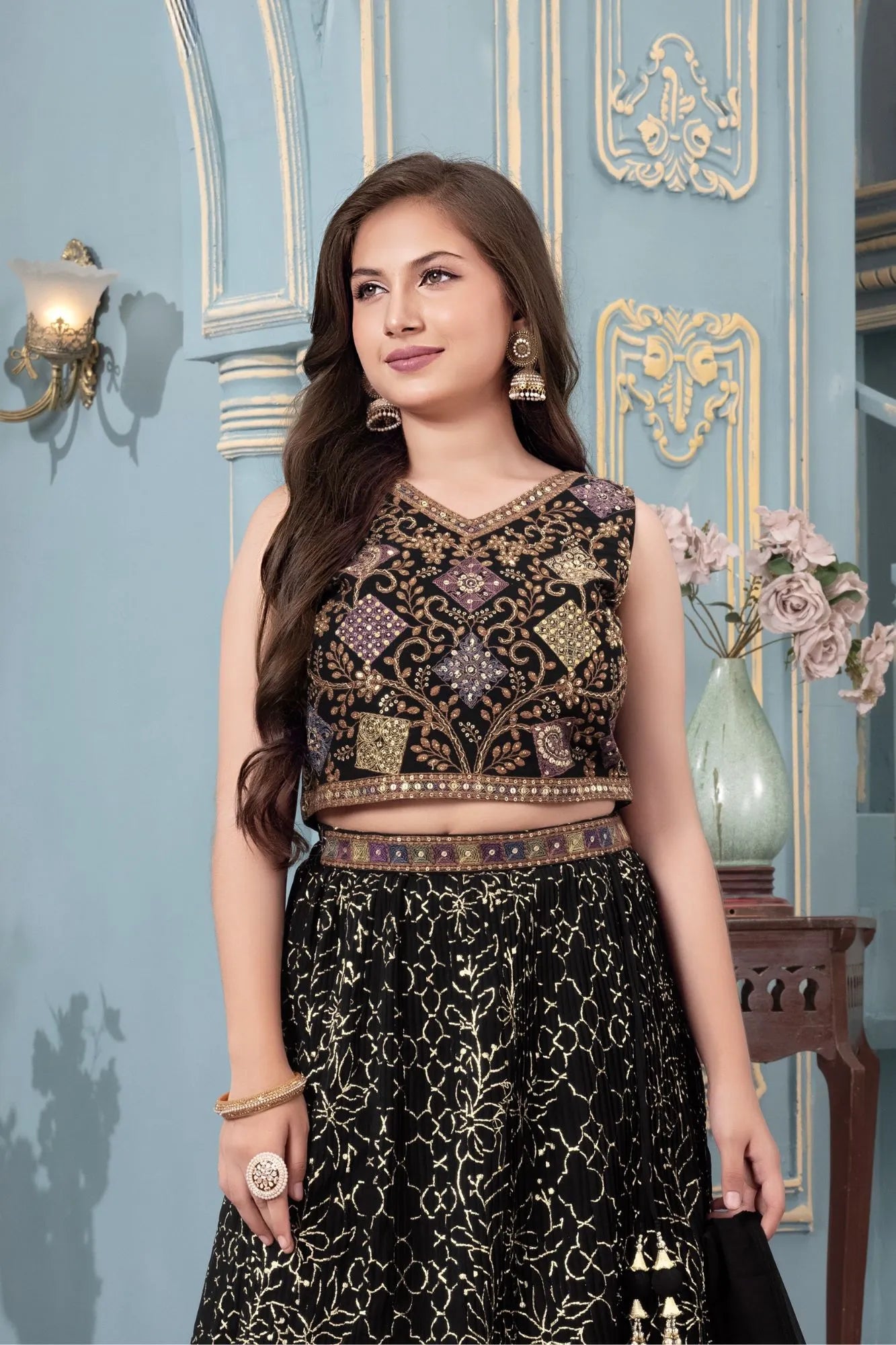 Black Thread Embroidered Lehenga Choli Set with Dupatta For Girls
