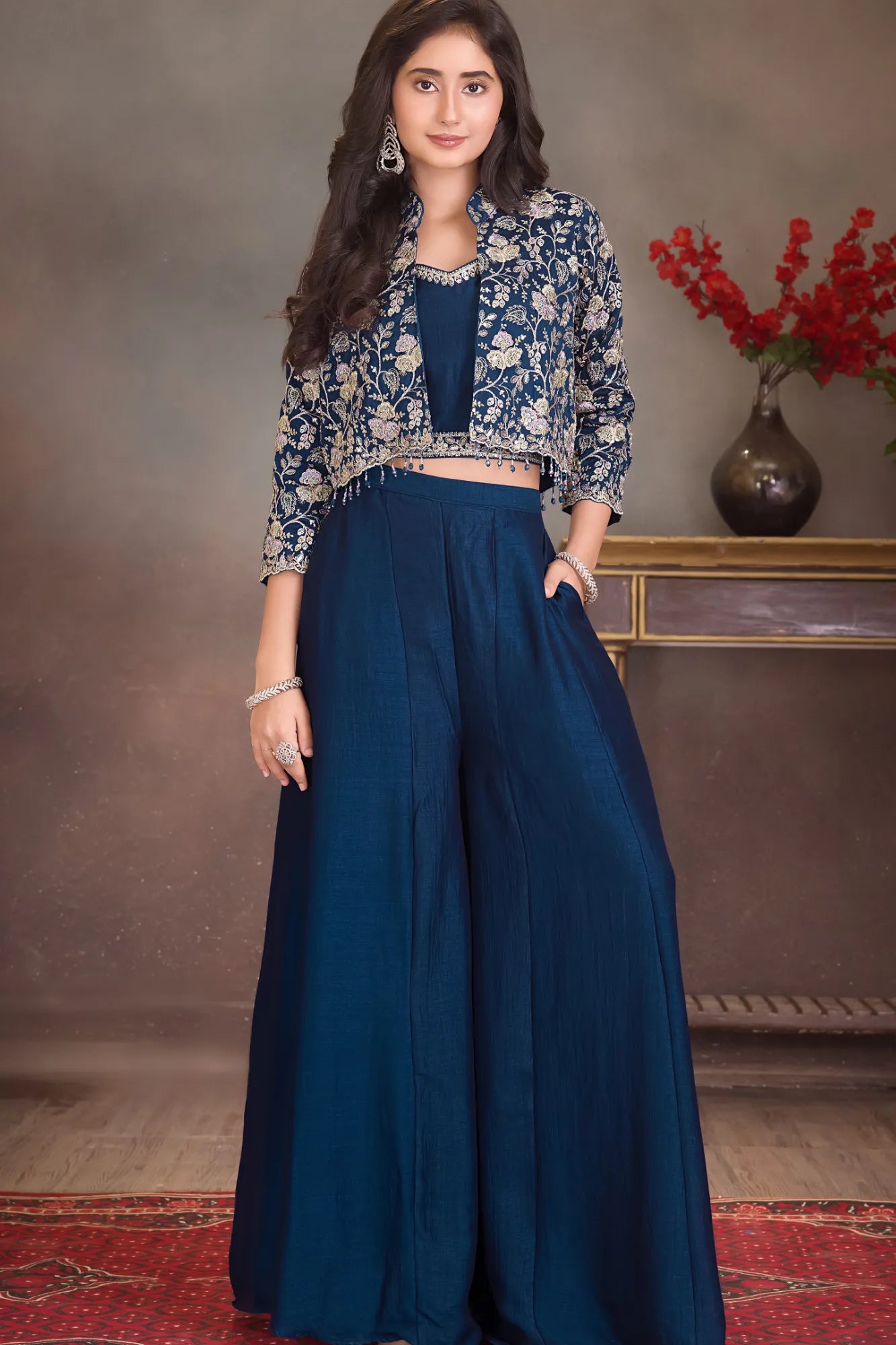 Navy Blue Embroidered Palazzo Set with Crop Top & Jacket For Girls