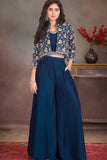 Navy Blue Embroidered Palazzo Set with Crop Top & Jacket For Girls