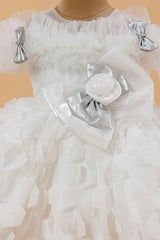 Cream Ruffled And Bow Embellished Frock For Girls