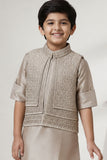 Fawn Embroidered Kurta Pajama Set with Ethnic Jacket for Boys