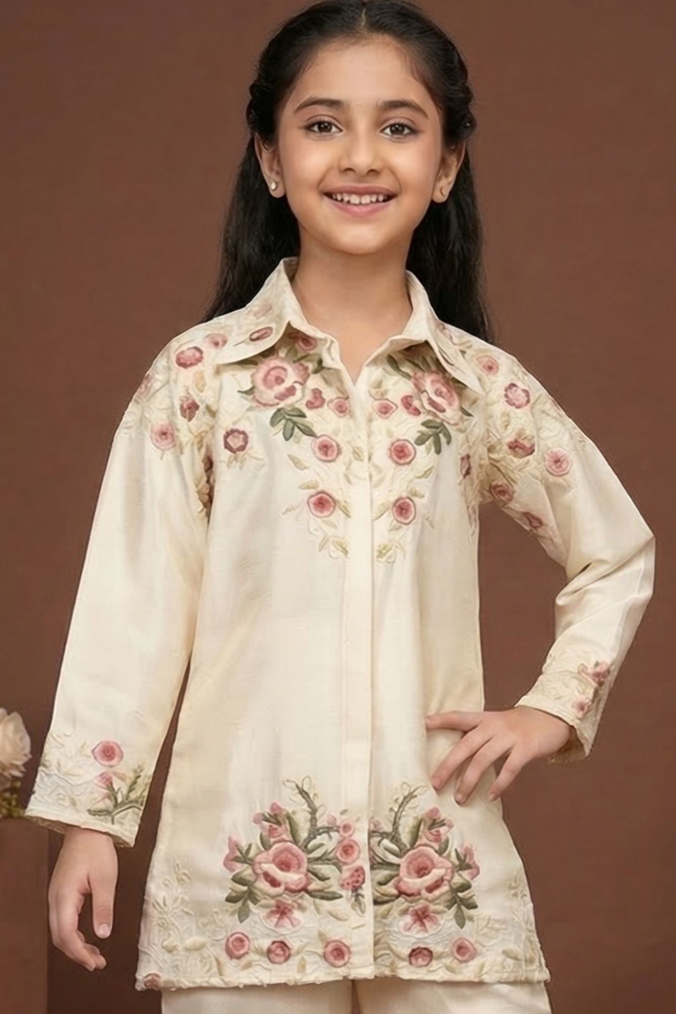 Cream Thread Embroidered Palazzo Set For Girls