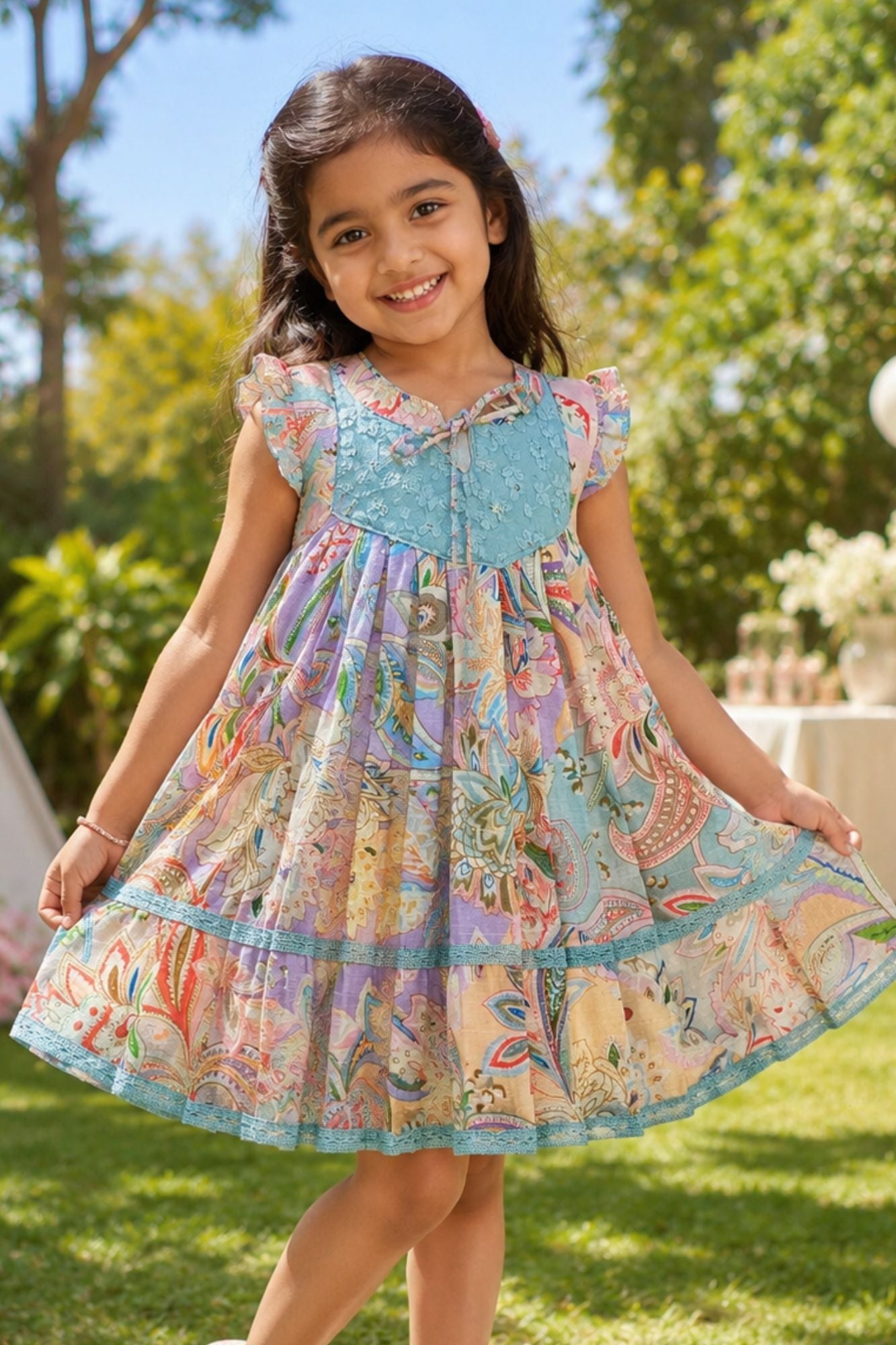 Girls Blue Dress with Multicolor Print And Embroidery Yoke