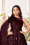 Wine Sequin Party Gown with One-Shoulder Cape & Floral Appliqué For Girls