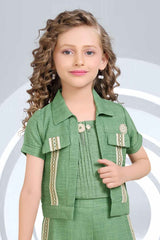 Green Crop Top And 3/4th Shorts Set With Lace Work Overcoat Set For Girls