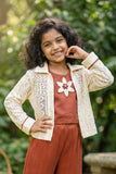 Brown Co-ord Set with Cream Lace Jacket & Floral Motif Top For Girls