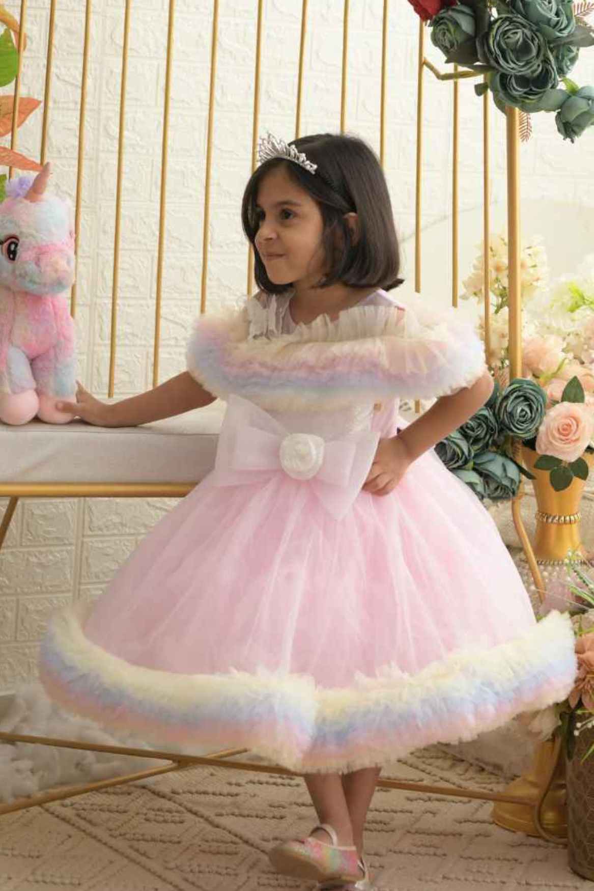 Pink Party Wear Ruffle Frock For Girls