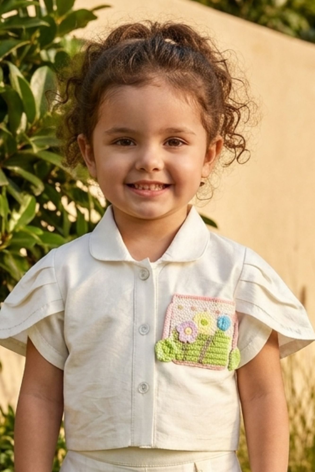 Girls Cream Pleated Co-Ord Set with Floral Patch Pocket