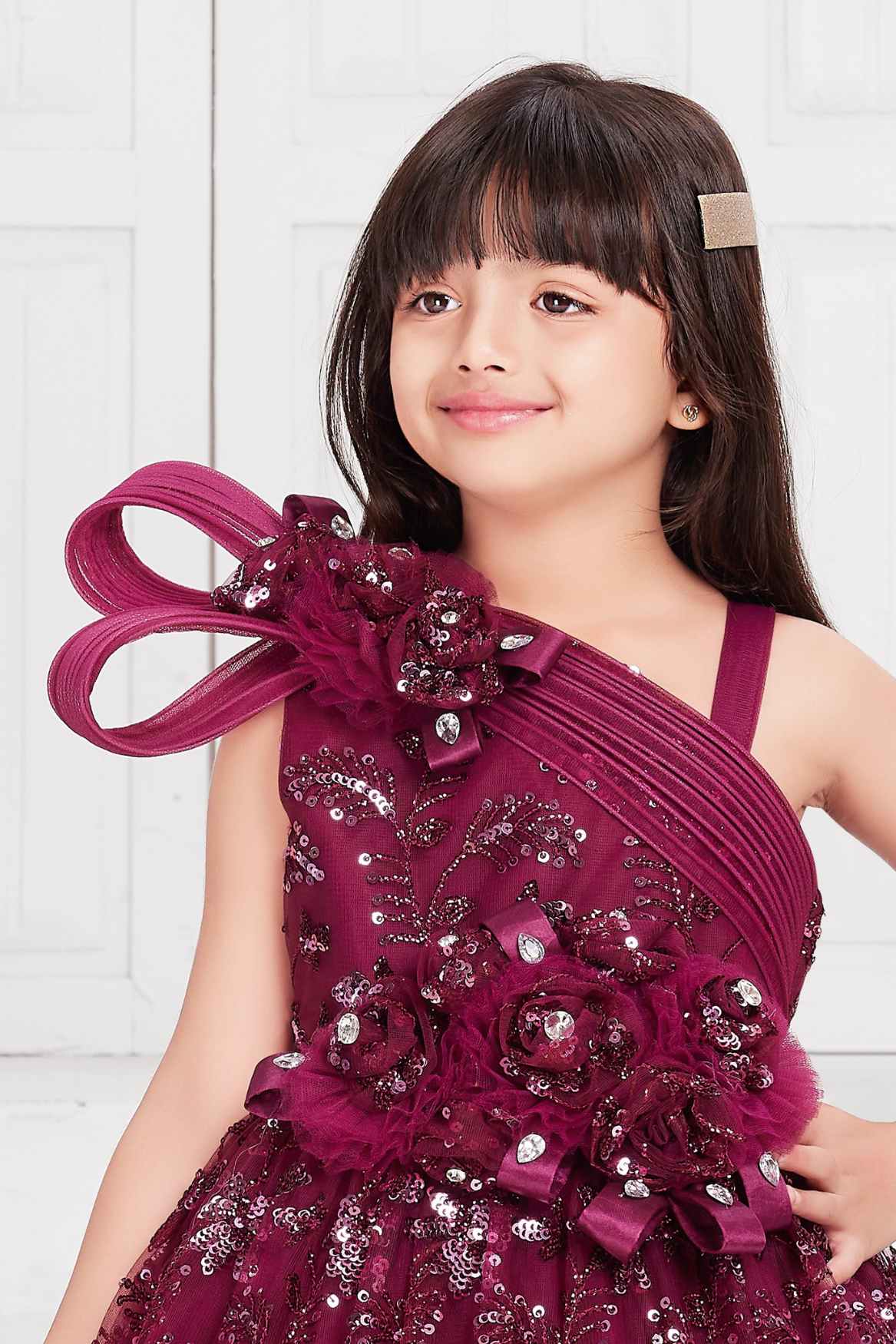 Elegant Wine Sequin Embroidered Gown With 3D Floral Appliqué For Girls