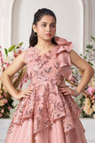 Peach Layered Gown with Ruffled Shoulder and Sequin Embroidery For Girls