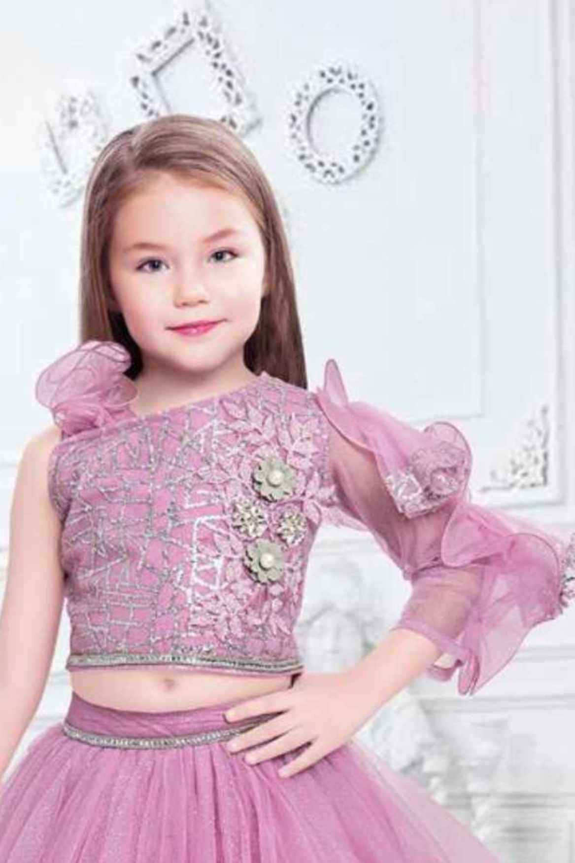 Pink Sequin Ghagra-Choli Set With Floral Embellishments For Girl