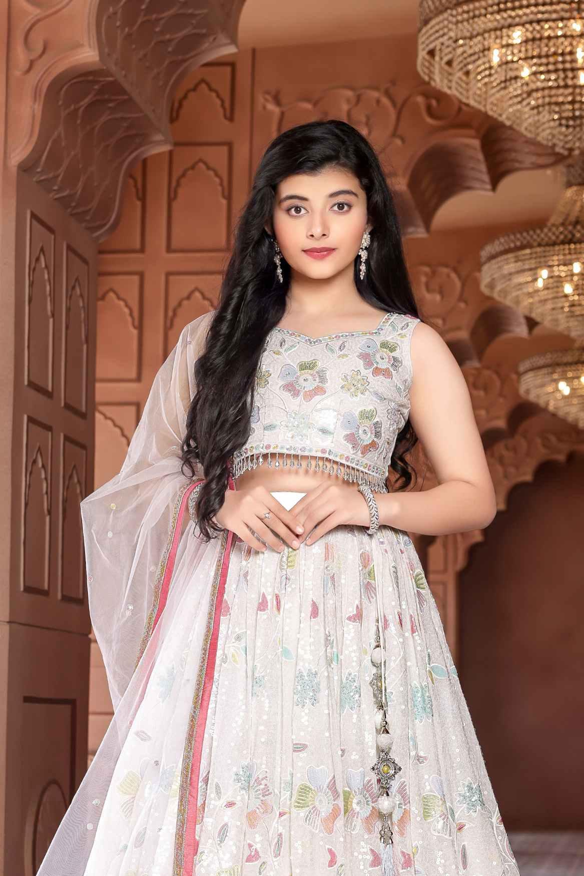 Elegant White Sequin Lehenga Choli Set With Dupatta For Girls - Lagorii Kids