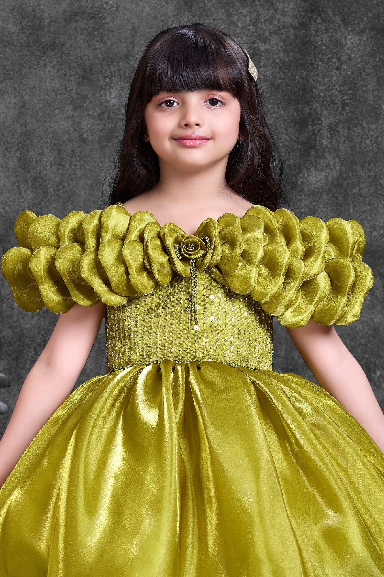 Olive Green High-Low Party Wear Frock with Ruffle Neckline For Girls