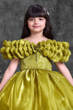 Olive Green High-Low Party Wear Frock with Ruffle Neckline For Girls