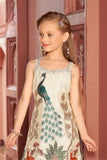 Royal Peacock Cream Embroidered Palazzo Set For Girls