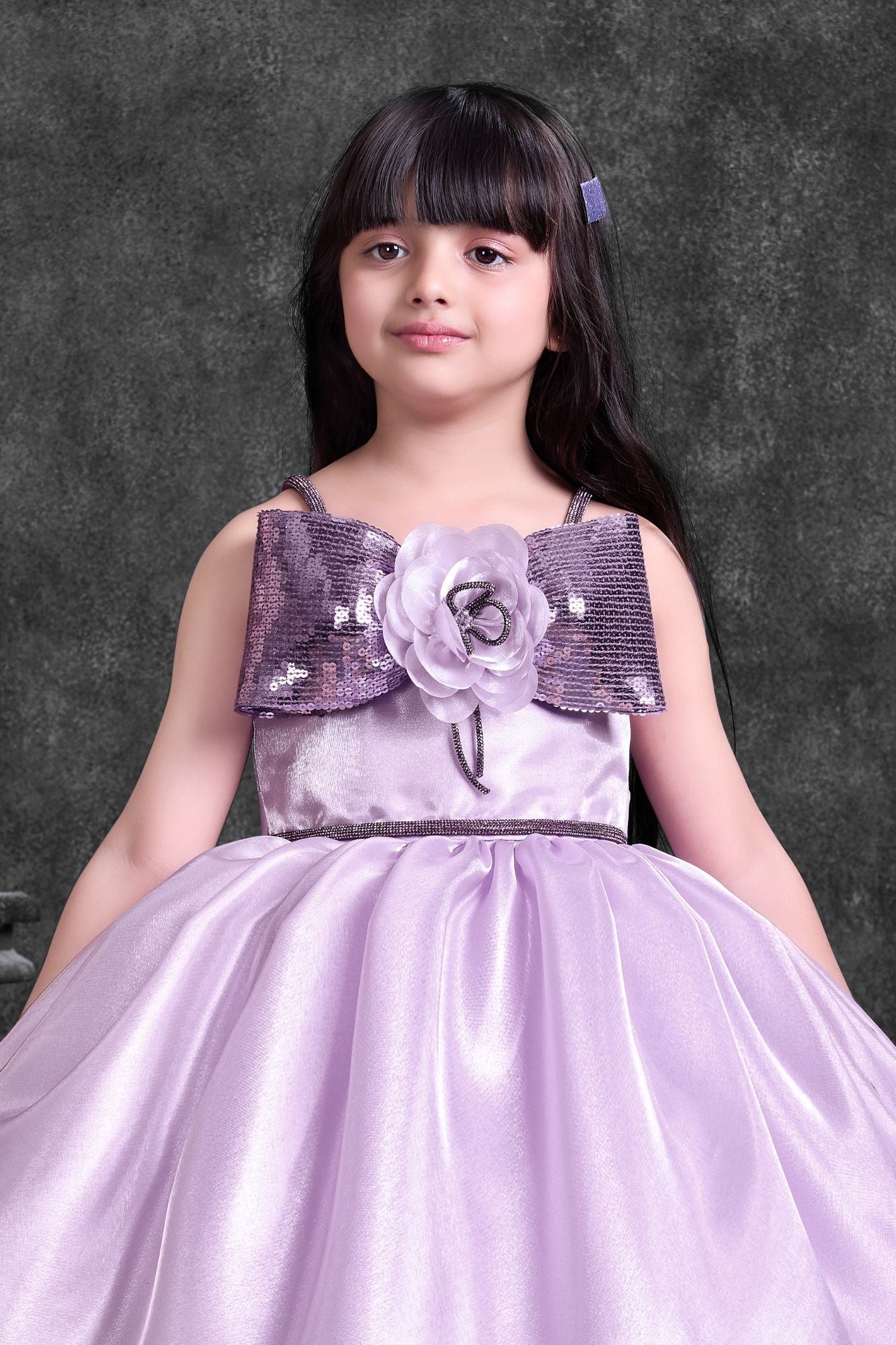 Lavender High-Low Party Wear Frock with Sequin Bow For Girls
