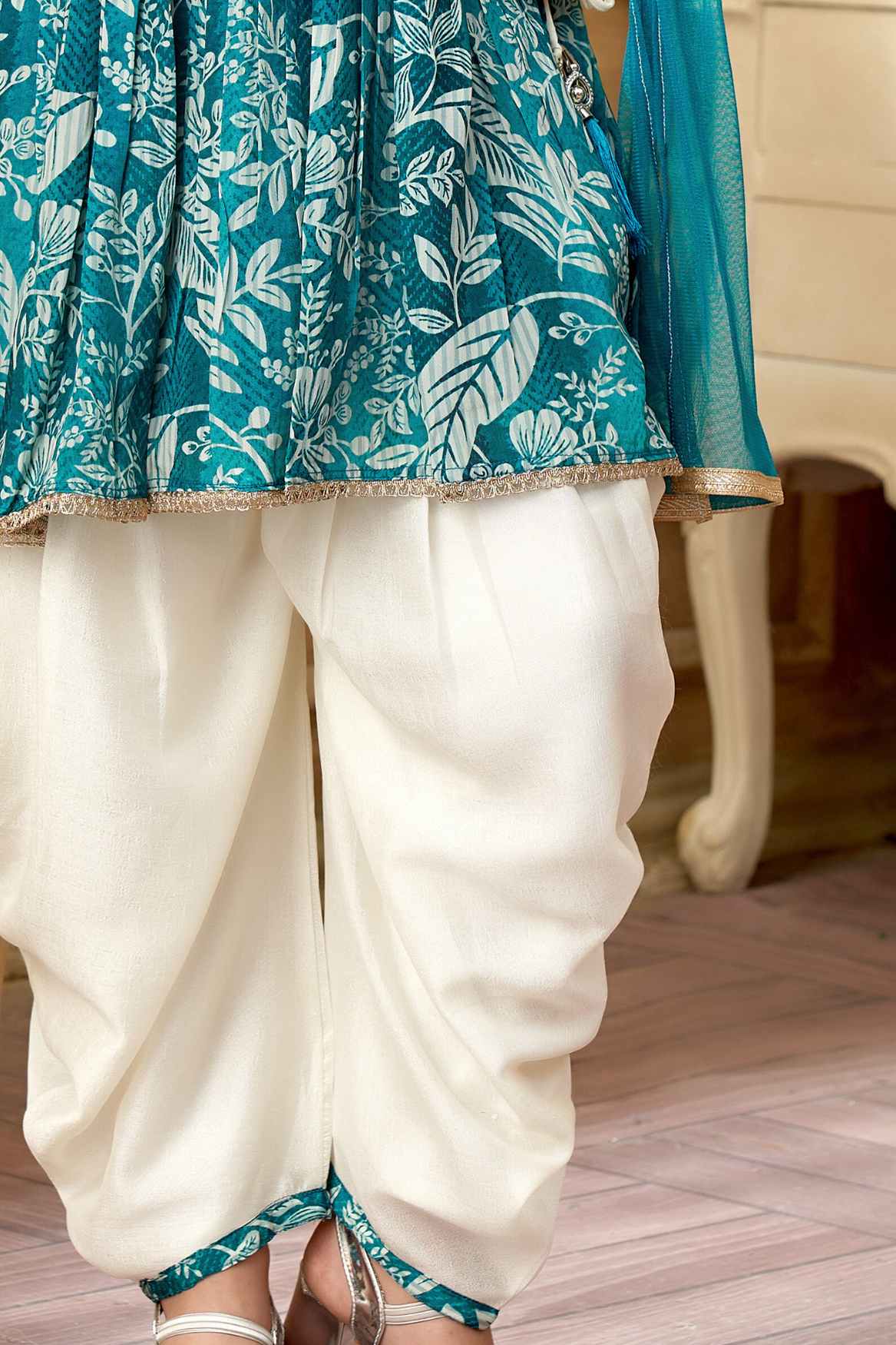 Green Printed And Stone Work Top With Dhoti Bottom Set For Girls