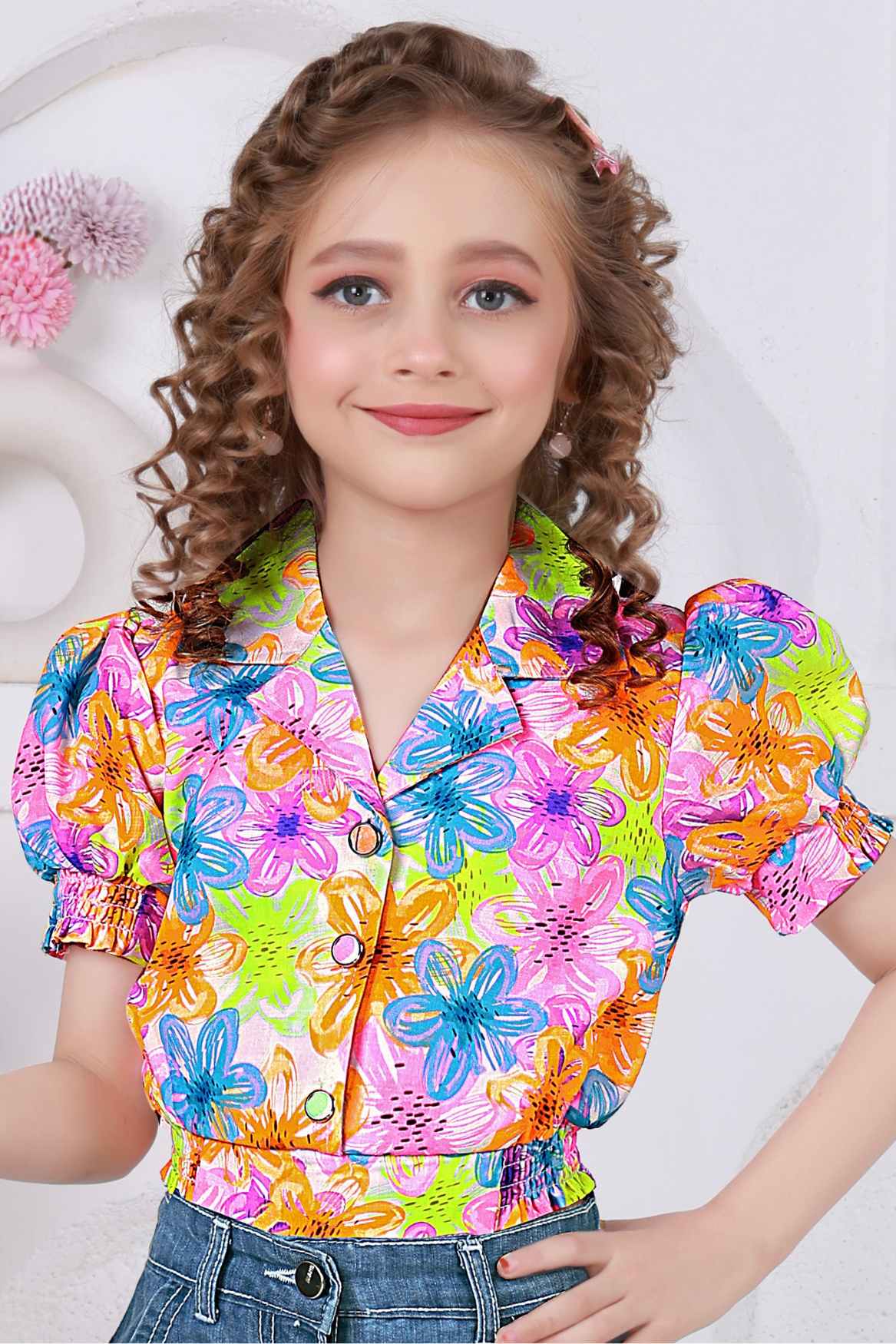 Multicolor Floral Shirt With Blue Embroidered Wide Leg Denim Pants Set For Girls