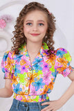 Multicolor Floral Shirt With Blue Embroidered Wide Leg Denim Pants Set For Girls