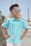 Aqua Blue Striped Shirt With White Shorts Set For Boys