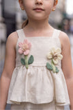 Girls Cream Peplum Top And Shorts Co-Ord Set with Floral Applique
