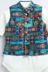 Blue Brocade Waist Coat With Cream Kurta And Pant Set For Boys